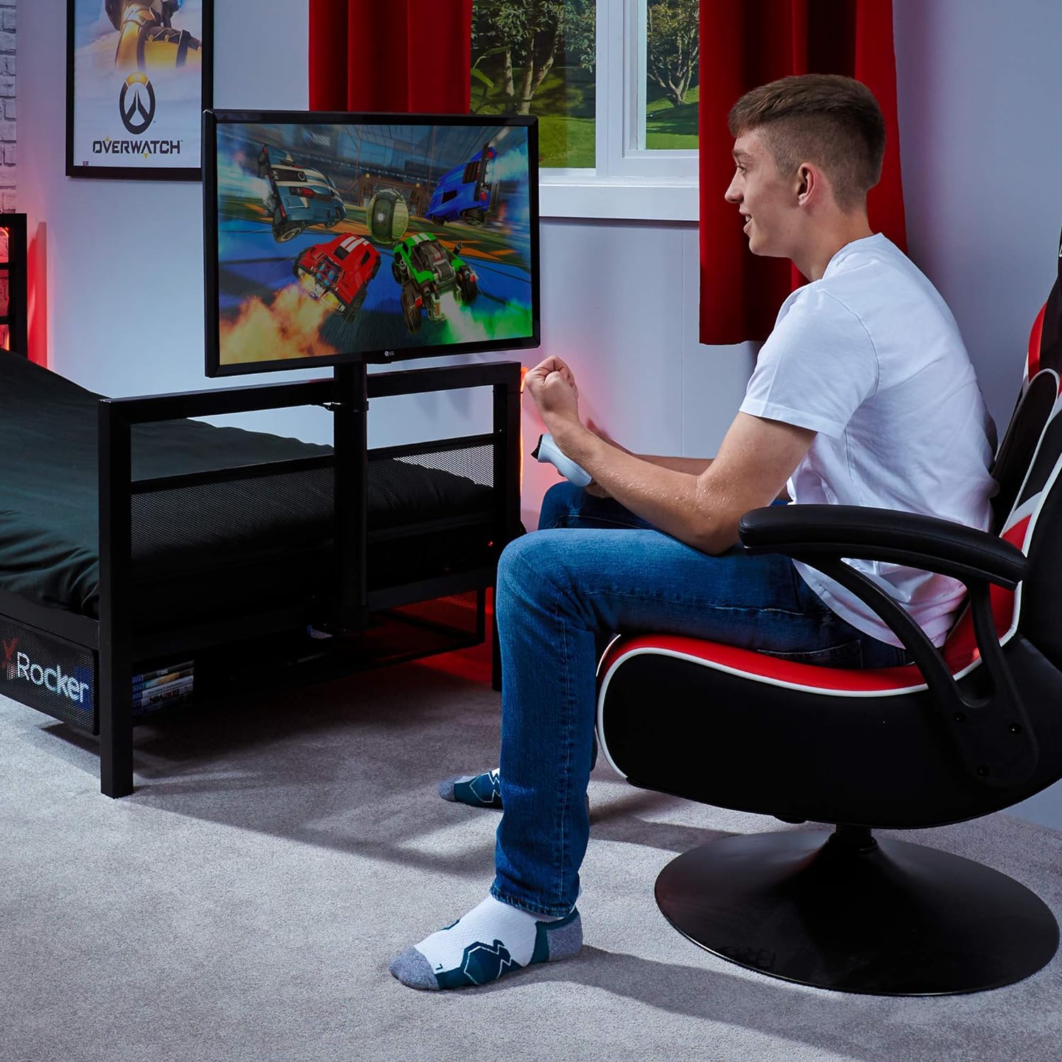 X-Rocker Basecamp TV Gaming Bed with Rotating TV Mount, Storage and Cable Management, Single 3ft Low Sleeper Bedstead, Metal Frame, Ideal for Kids Bedroom, Up to 32" TV Supported - Black