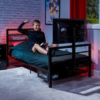 X-Rocker Basecamp TV Gaming Bed with Rotating TV Mount, Storage and Cable Management, Single 3ft Low Sleeper Bedstead, Metal Frame, Ideal for Kids Bedroom, Up to 32" TV Supported - Black